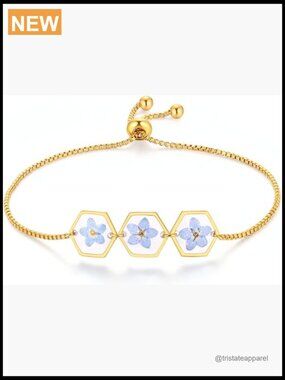 Pressed Wildflower Forget-Me-Not Bracelet 7.8in Handmade Charm Chain Jewelry